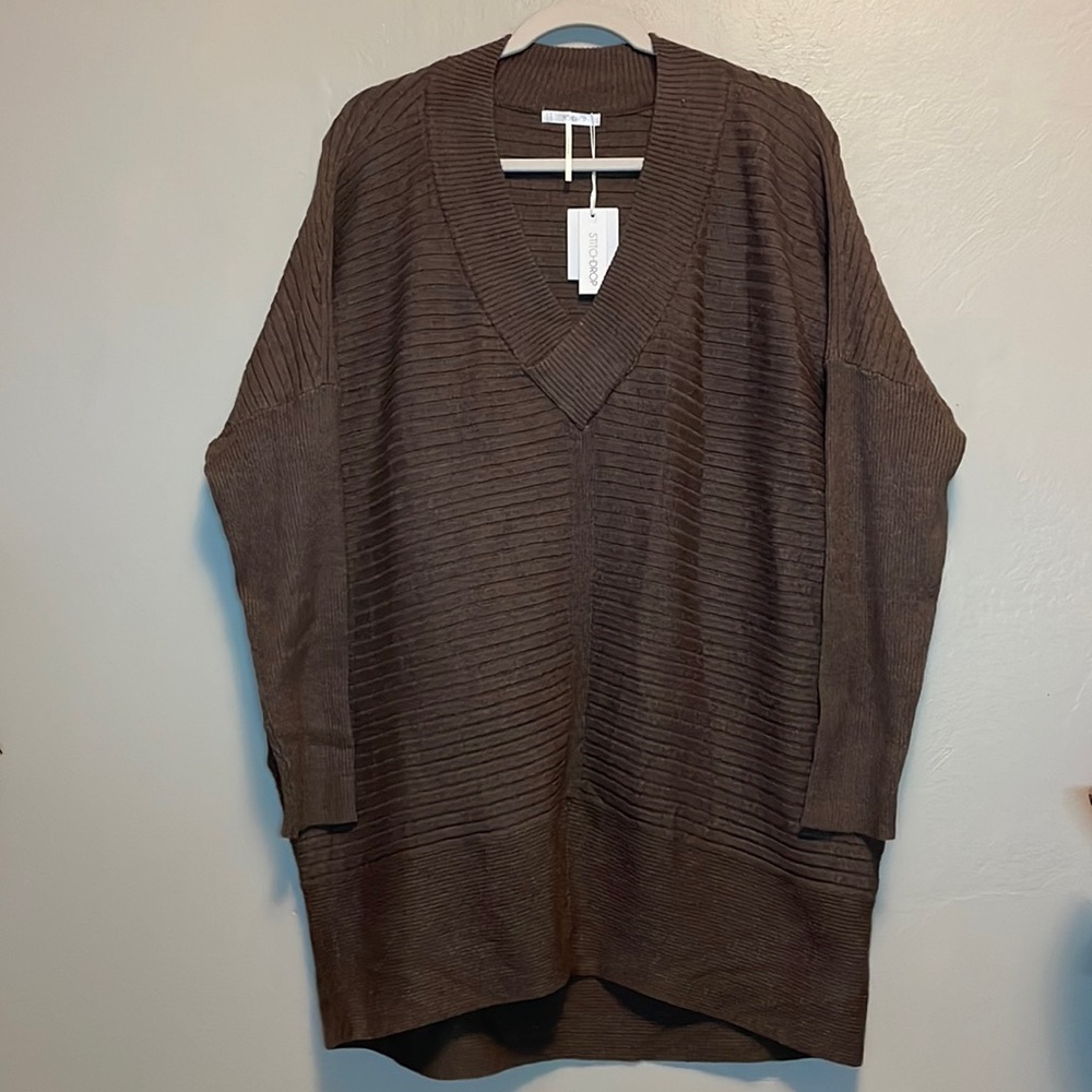 New Stitchdrop Knitted Oversize Sweater V neck Brown Size Small
